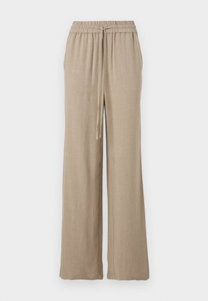 Beige wide-leg trousers made from a lightweight fabric. Features an elastic waistband with a drawstring and side pockets. Smooth texture.
