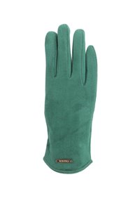 Guanto verde in morbido tessuto con cinque dita e una texture liscia. Include un piccolo cartellino metallico con la parola "FASHION" vicino al polsino.
