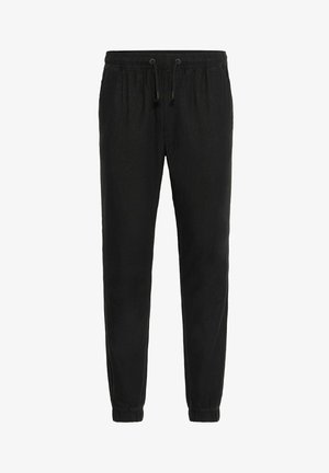 Black sweatpants made of soft fabric, featuring an elastic waistband with drawstring, cuffs at the ankles, and a smooth texture.