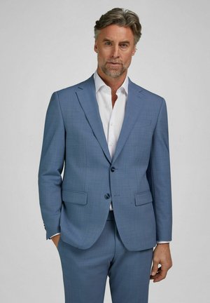 Mann mit grauem Haar und Bart, der einen hellblauen Zweiknopf-Anzug und ein weißes Hemd trägt, vor einem einfachen grauen Hintergrund stehend.