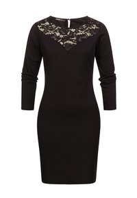 Czarna sukienka z długimi rękawami, z koronkową nakładką w kształcie litery V przy dekolcie. Gładka tkanina, dopasowana sylwetka i zapięcie na suwak z tyłu.