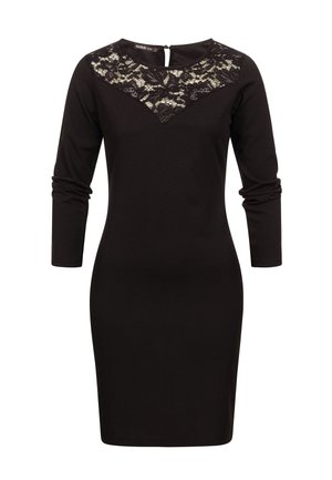 Czarna sukienka z długimi rękawami, z koronkową nakładką w kształcie litery V przy dekolcie. Gładka tkanina, dopasowana sylwetka i zapięcie na suwak z tyłu.