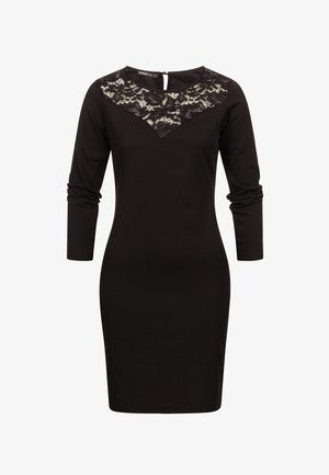 Czarna sukienka z długimi rękawami, z koronkową nakładką w kształcie litery V przy dekolcie. Gładka tkanina, dopasowana sylwetka i zapięcie na suwak z tyłu.