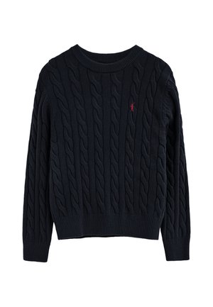 Jersey negro de punto trenzado con puños y dobladillo acanalados, con un pequeño logo rojo bordado en el pecho izquierdo.
