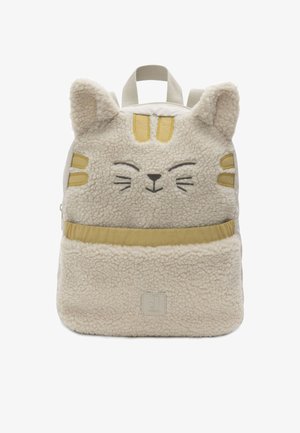 Zachte beige rugzak van textuurstof, met een kattengezichtontwerp, oren bovenaan en een voorvak met een gouden streep eroverheen.