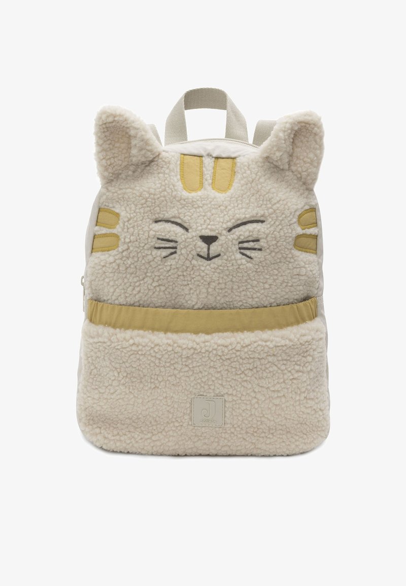 Zachte beige rugzak van textuurstof, met een kattengezichtontwerp, oren bovenaan en een voorvak met een gouden streep eroverheen.