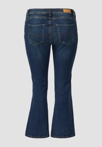 Granatowe, rozszerzane jeansy z denimu z talią o średnim stanie, dwie tylne kieszenie z dekoracyjnym przeszyciem i gładką fakturą.