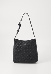 Borsa a tracolla in pelle nera con un motivo testurizzato, dotata di una singola tracolla regolabile e un accento in logo metallico sul davanti.