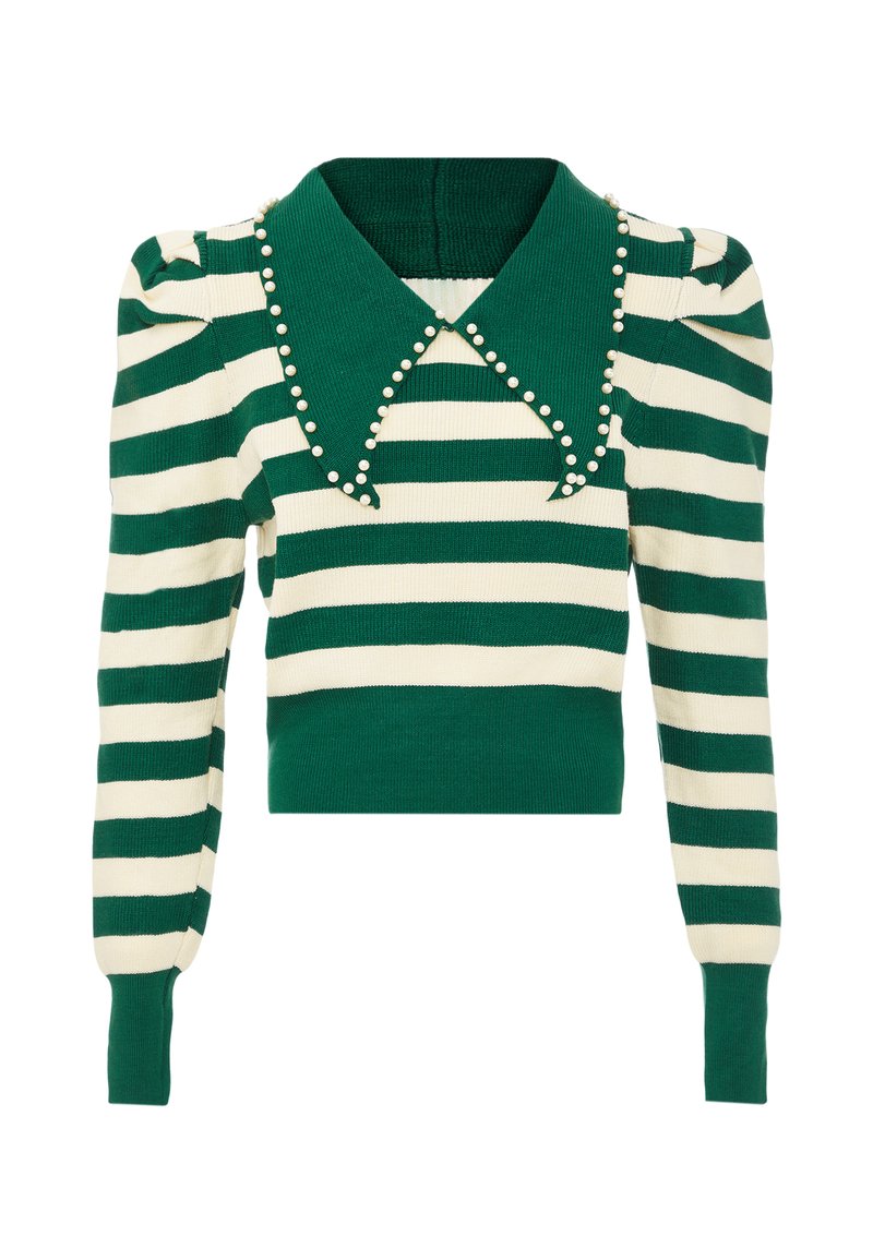Maglione a righe verde e crema con colletto ampio, decorato con dettagli in perle lungo i bordi del colletto e maniche a sbuffo.