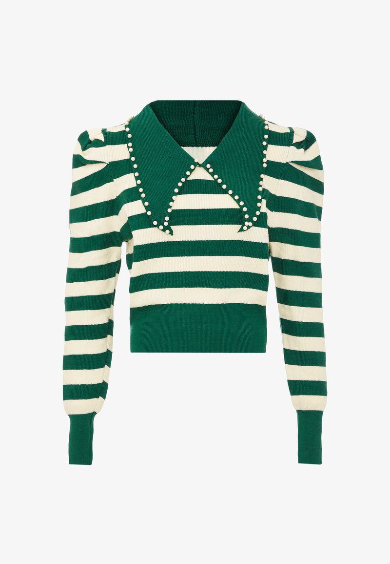 Maglione a righe verde e crema con colletto ampio, decorato con dettagli in perle lungo i bordi del colletto e maniche a sbuffo.