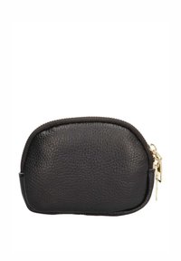 Bolsita de cuero negro con superficie texturizada, forma redondeada, cierre de cremallera con herrajes dorados, diseño minimalista y sin adornos adicionales.