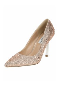 Růžově zlaté lodičky s špičatou špičkou, zdobené malými kamínky, s průhledným stiletto podpatkem a hladkým vnitřním podšitím.