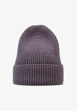 Purple knitted beanie hat with a ribbed texture and a fold-over cuff, providing a snug fit and warmth in cold weather.