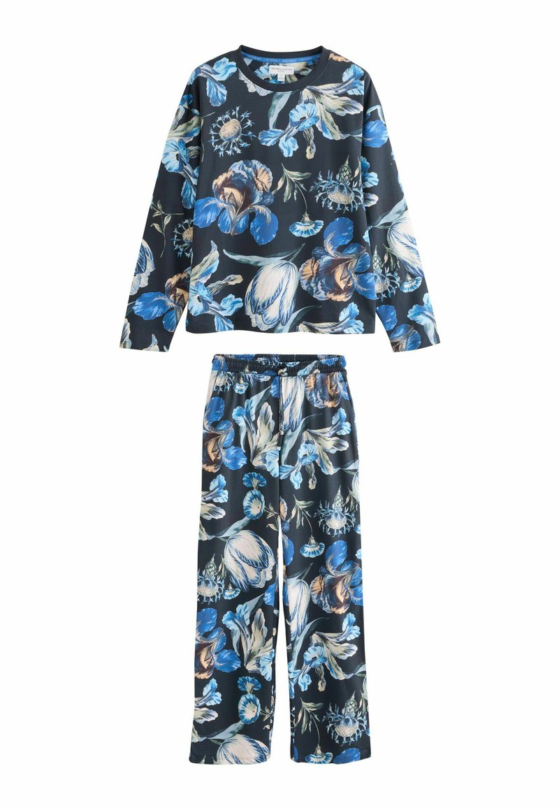 Pajama set w kwiatowym nadrukiem, składający się z długiego rękawa koszulki i spodni na elastycznej talii. Kolory to niebieski, kremowy i ciemny granat. Miękka faktura materiału.