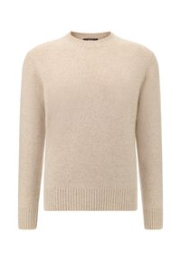 Beige trikotāžas džemperis ar apaļu kakla izgriezumu, garām piedurknēm un ribotām aprocēm un apakšmalu, ar mīkstu tekstūru un vienmērīgu krāsu visā virsmā.