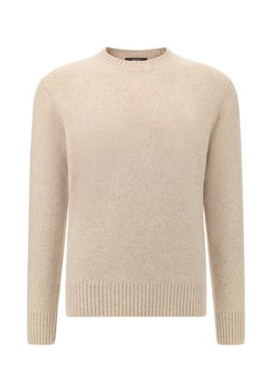 Béžový pletený svetr s kulatým výstřihem, dlouhými rukávy a žebrovanými manžetami a lemem, který má měkkou texturu a jednotnou barvu po celé plo�še.