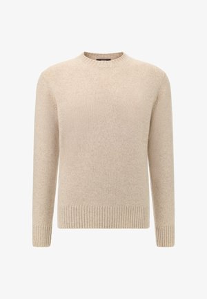 Beiger Strickpullover mit Rundhalsausschnitt, langen Ärmeln sowie gerippten Bündchen und Saum, der eine weiche Textur und eine gleichmäßige Farbe aufweist.