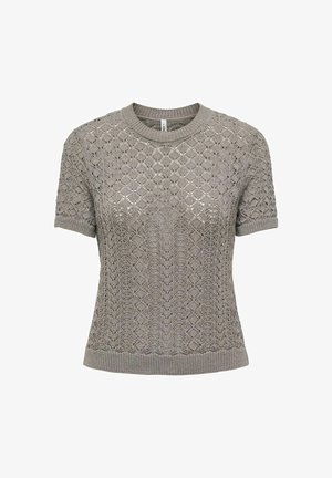 Lys grå strikket genser med korte ermer, rund hals og et teksturert mønster med diamant- og sikksakkdesign.