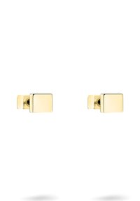 Guldtonade rektangulära manschettknappar med en polerad yta, med en subtil graverad varumärkesnamn på ena sidan och en slät, minimalistisk design.
