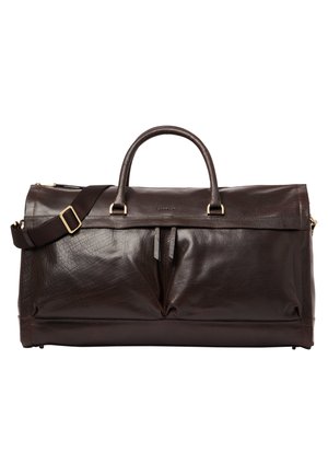Dark brown leather duffel bag with dual handles, adjustable shoulder strap, front zipper pockets, and gold-tone hardware.