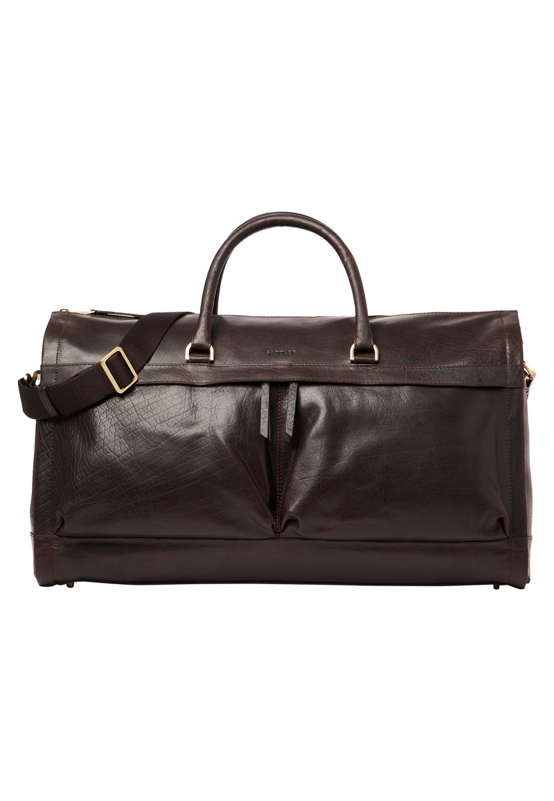 Sac de voyage en cuir marron foncé avec poignées doubles, bandoulière réglable, poches zippées à l'avant et accessoires en ton or.