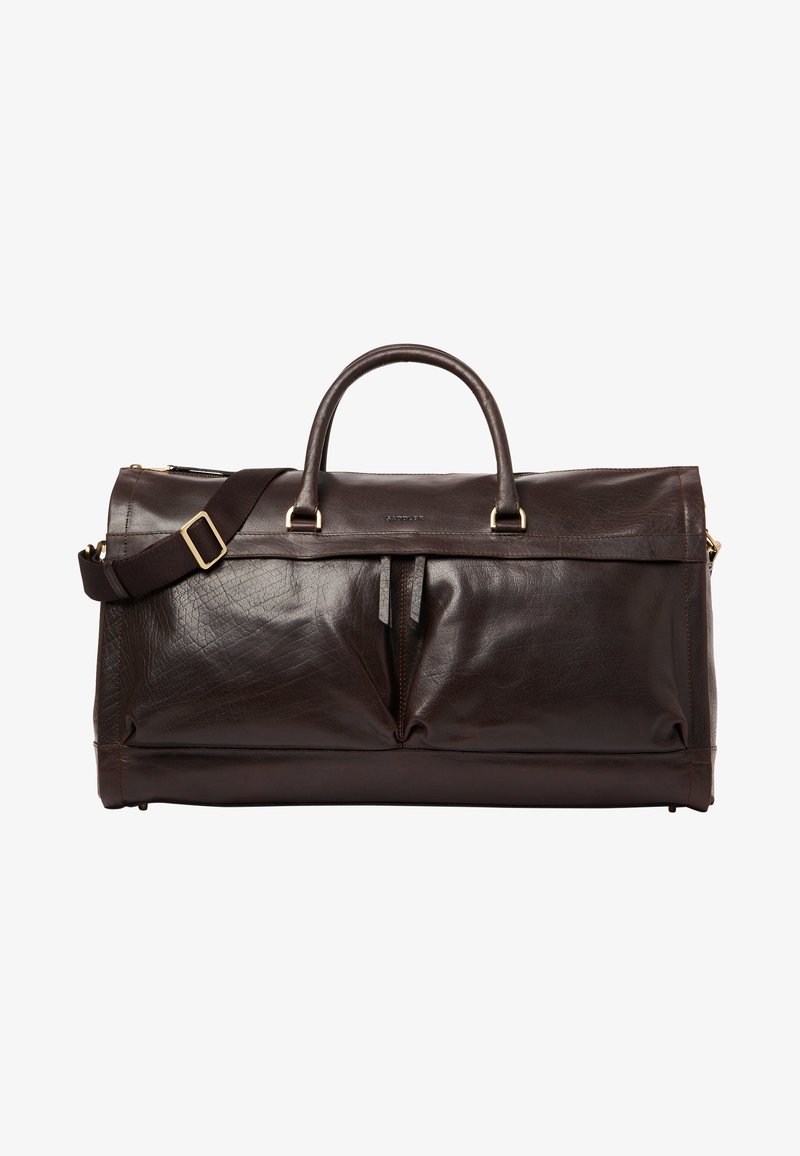 Sac de voyage en cuir marron foncé avec poignées doubles, bandoulière réglable, poches zippées à l'avant et accessoires en ton or.