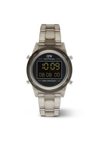 Reloj cronógrafo digital con una pantalla negra, caja transparente y correa metálica plateada. Presenta lecturas digitales de la hora y la fecha.