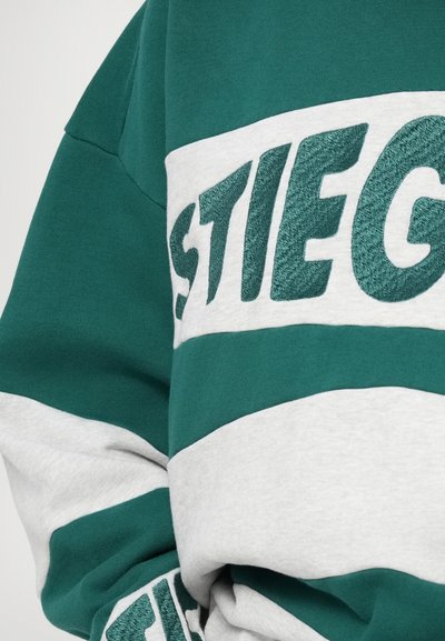 Zelená a šedá mikina s texturovaným logem "STIEG". Obsahuje design s blokováním barev a měkkou tkaninu.