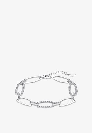 Silver bracelet with alternating oval and rectangular links. Some links feature clear stones. Clasp with extension chain and tag.