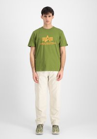 Grøn bomulds T-shirt med et orange logo, parret med beige cargo bukser. Fodtøj i grøn og grå farveskema. Enkel design.