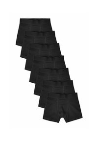 Sorte boxer briefs, lavet af blødt stof, har en bred elastik og syede detaljer. Syv stykker arrangeret i en stak.