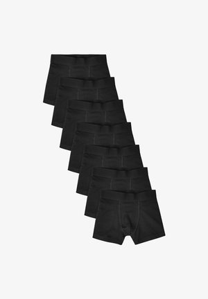 Schwarze Boxershorts aus weichem Stoff mit einem breiten Bund und genähten Details. Sieben Stück in einem Stapel angeordnet.