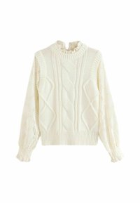 Gehaakte crèmekleurige sweater met een kabelontwerp en mouwen met kantpatroon. Heeft een gerimpelde halslijn en een geribbelde zoom en manchetten. Zachte textuur.