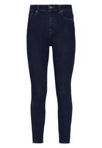 Jeans de tiro alto de color azul oscuro, fabricados en denim. Presentan una silueta ajustada, diseño de cinco bolsillos y costuras en contraste.