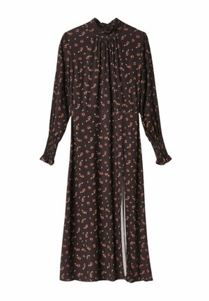 Abito lungo floreale marrone scuro con collo alto, lunghe maniche a sbuffo, polsini arricciati e dettaglio con spacchi davanti.