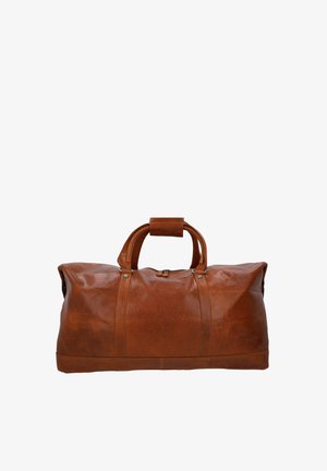 Braune Leder-Reisetasche mit zwei Griffen und Reißverschluss, zeigt eine glatte, leicht strukturierte Oberfläche auf weißem Hintergrund.