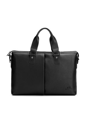 Czarna tekturowa teczka ze skóry z podwójnymi uchwytami, zamkiem błyskawicznym i wytłoczonym logo marki w dolnym prawym rogu.