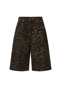 Shorts en jean imprimé léopard, avec une taille haute, un design classique à cinq poches et une coupe ample, arrivant au genou.