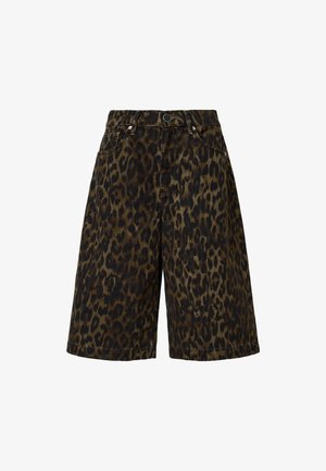 Shorts in stampa leopardata realizzati in denim, con vita alta, tradizionale design a cinque tasche e una vestibilità ampia fino al ginocchio.