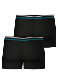 Boxer shorts noirs en tissu lisse, avec une ceinture rayée teal et blanche. Ils ont une coupe ajustée et un design basique.