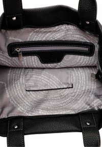 Black textured handbag interior with a light gray lining featuring repeated text. Includes a zippered pocket and a smooth fabric finish.