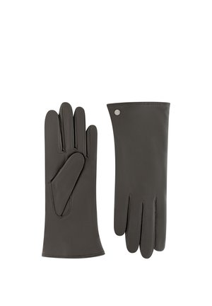 Pair of dark gray leather gloves, one showing palm side and the other back with a small round metal button near wrist.
