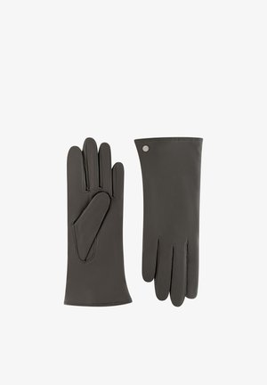 Pair of dark gray leather gloves, one showing palm side and the other back with a small round metal button near wrist.