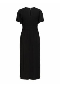 Čierne midi šaty s nafúknutými krátkymi rukávmi, riaseným živôtikom, otvorom na chrbte a bočným rozparkom.