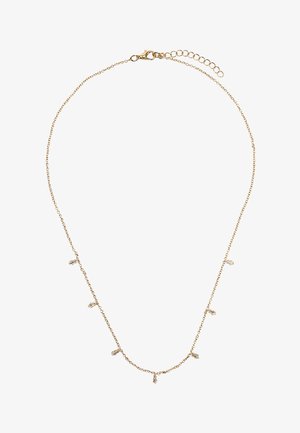 Delikatny złoty naszyjnik z łańcuszkiem, ozdobiony siedmioma małymi, przejrzystymi zawieszkami w kształcie kropli rozmieszczonymi równomiernie na łańcuszku oraz regulowanym zapięciem.