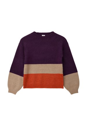 Gebreide trui met een ronde halslijn, voorzien van paarse, beige en oranje horizontale strepen. Gelaagd stof en volumineuze lange mouwen.