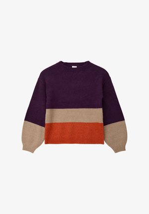 Sweter dzianinowy z okrągłym dekoltem, ozdobiony poziomymi paskami w kolorach fioletowym, beżowym i pomarańczowym. Teksturowany materiał i obszerne długie rękawy.