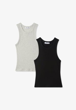 Canottiere a coste senza maniche in grigio chiaro e nero. Presentano scollature rotonde e un design aderente, realizzate in tessuto morbido ed elastico.