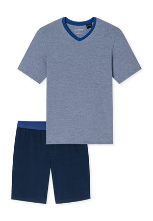 Kortærmet blå- og hvidstribet V-hals skjorte i tyndt stof kombineret med ensfarvede mørkeblå shorts med elastisk talje.