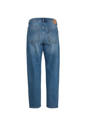 Blue denim jeans with a high-waisted, relaxed fit. Features two back pockets and a tan leather patch at the waistband. Classic stitching detail.